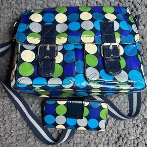 Boden Polka Dot oilcloth messenger bag and matching wallet - Blue and Green